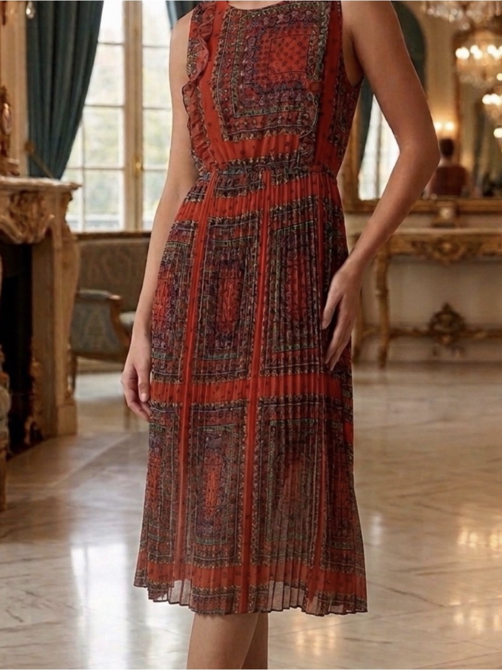 hazel Rust-Red Printed Sleeveless Midi Dress